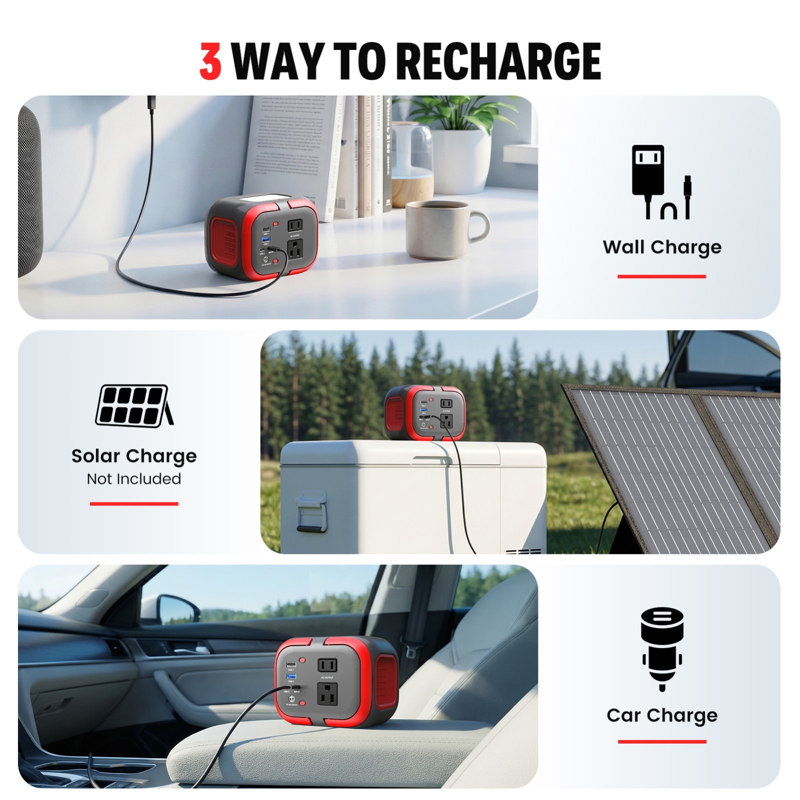 100W Power Station Battery Pack AC+DC+USB+PD65W Portable Charger Solar Generator