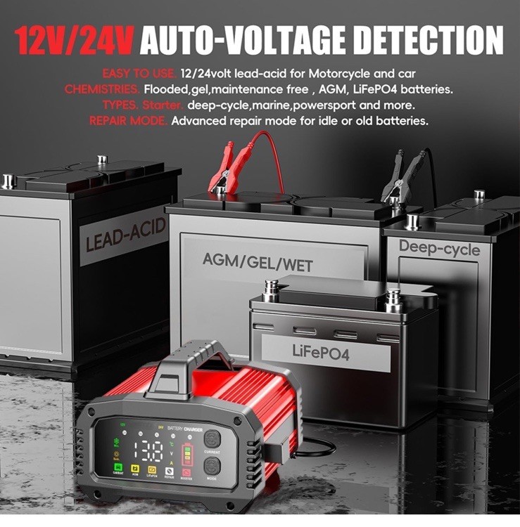 Fully Automatic Battery Charger, 25A 2/8/20/25 Amp 12V/24V LiFePO4 Lead Acid
