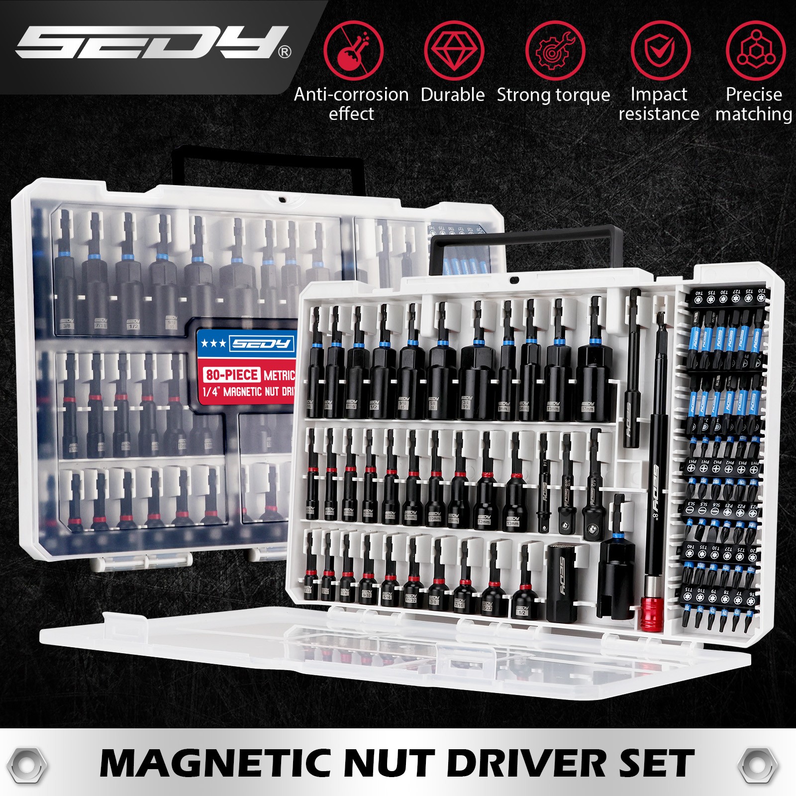 80PC Magnetic Impact Nut Driver Set Metric & SAE with Adapter 1/4” Quick Change