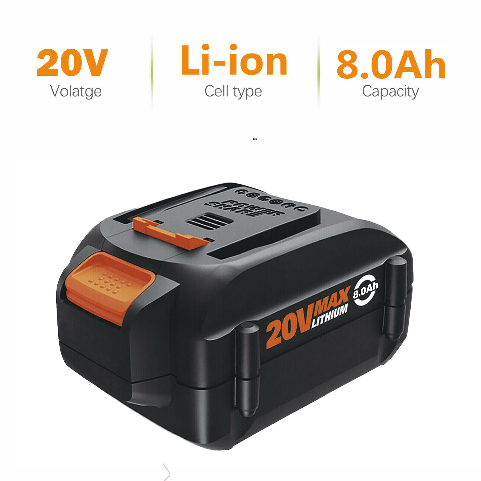 2PCS 8.0AH For WORX MAX Extend Lithium Battery 20Volt WA3520 WA3525 WA3575 WG155
