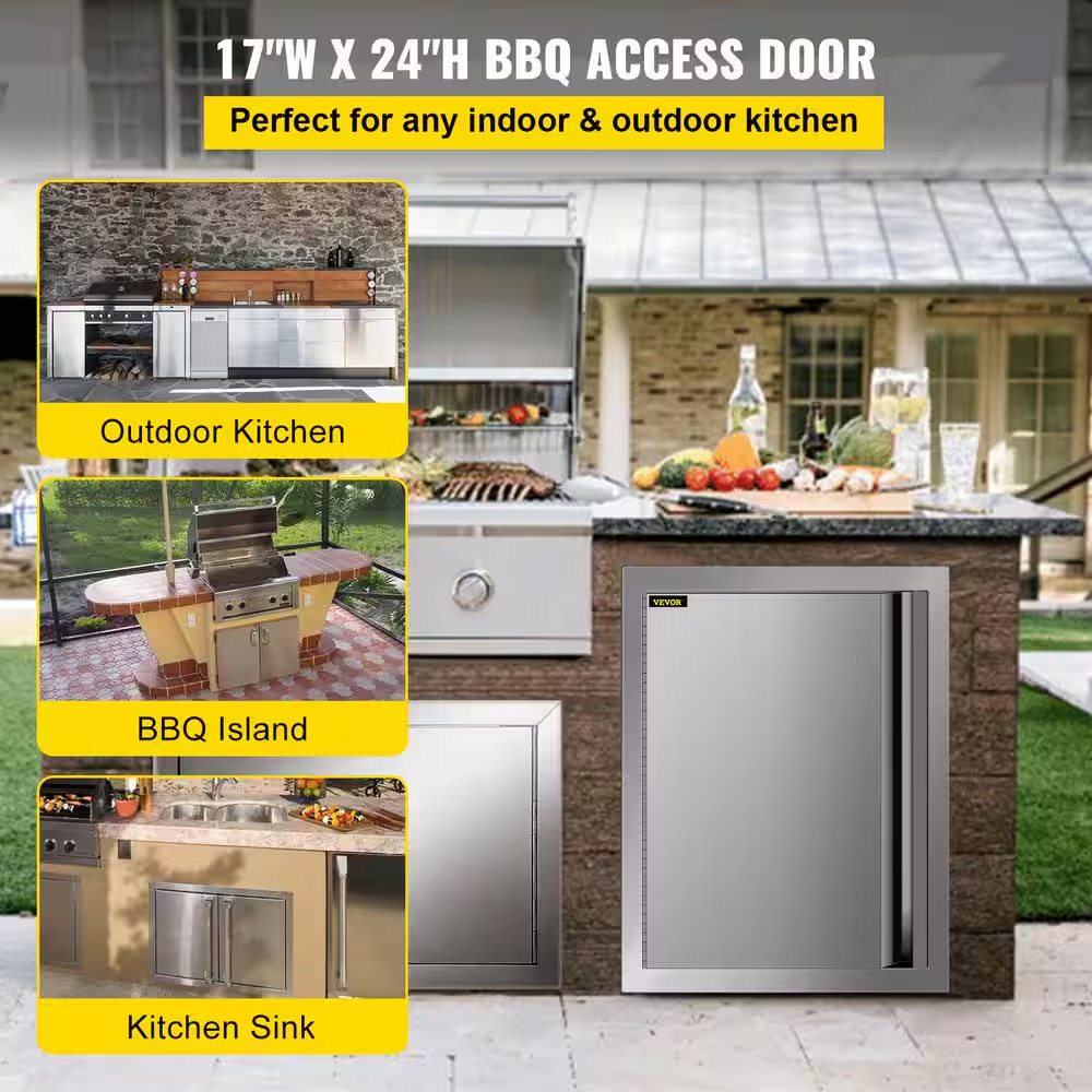 BBQ Access Door Vertical Single BBQ Door Stainless Steel w /Recessed Handle Door