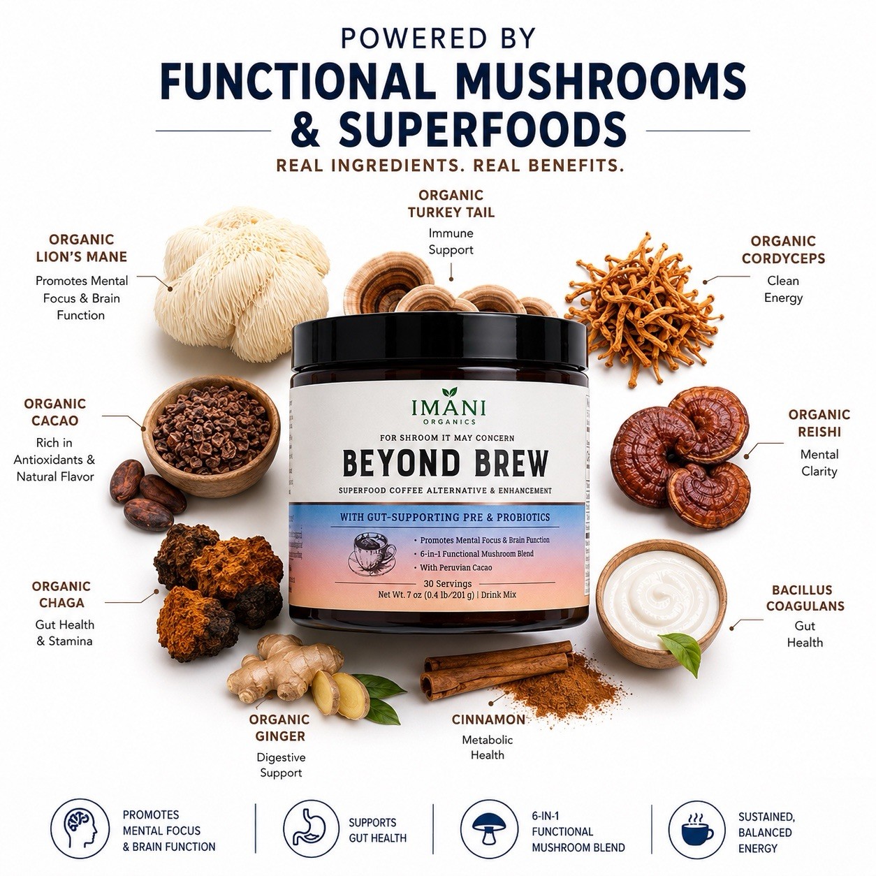 3-PACK Beyond Brew Mushroom Coffee 7-in-1 Cacao Energy/focus/Gut/Mental!