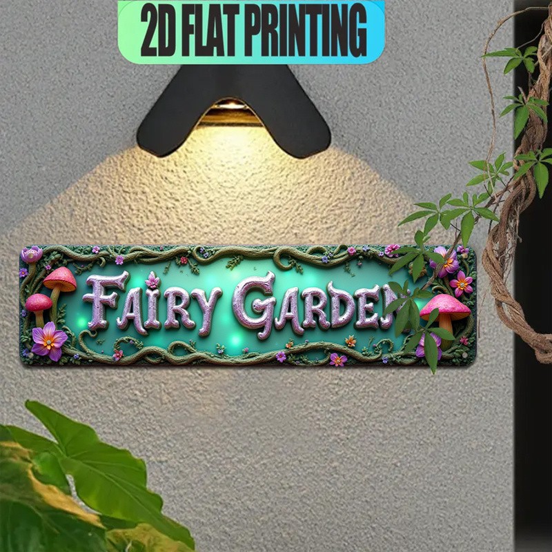 Fairy Garden Mushroom Floral Metal Sign Enchanted Green Wall Art Decor Plaque