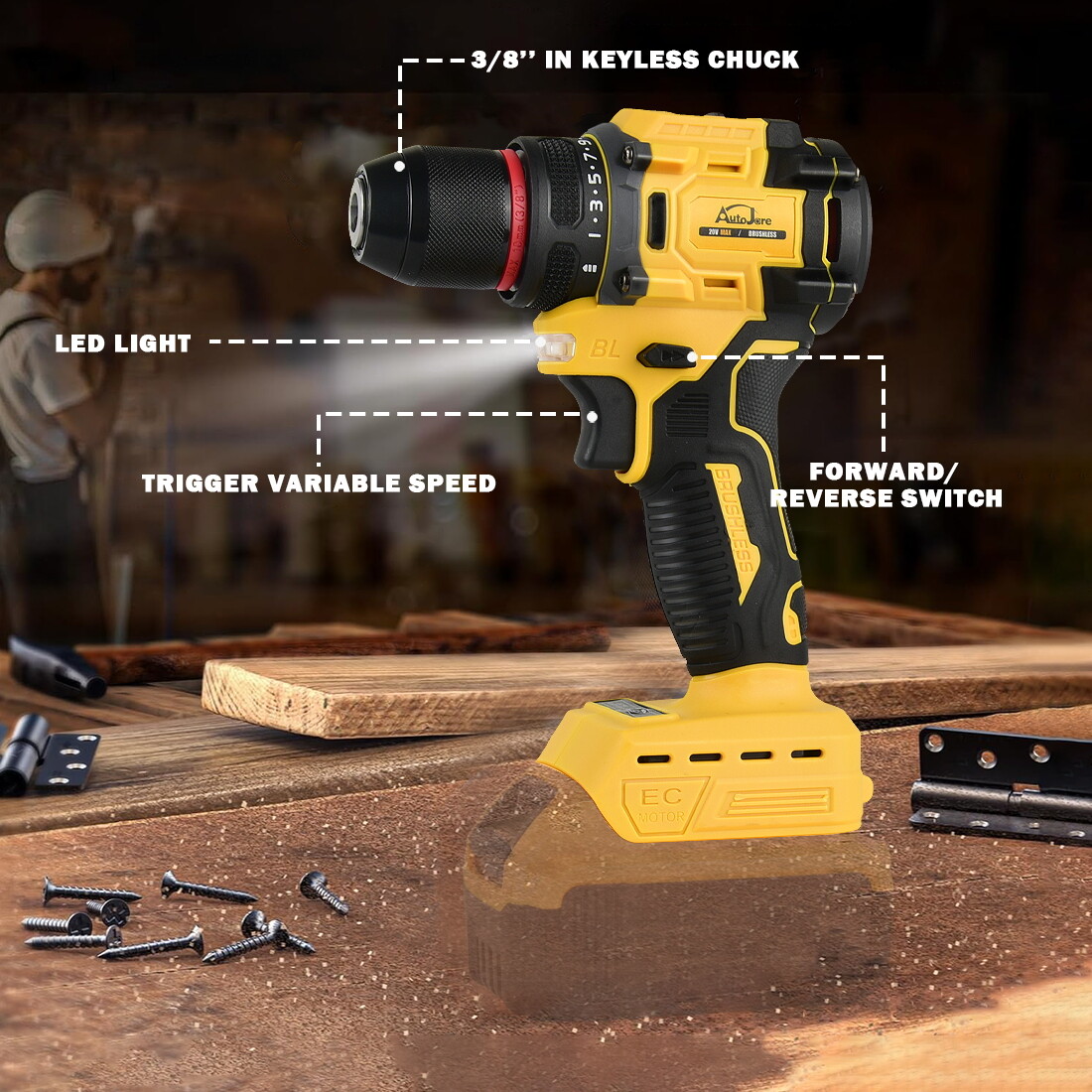 3/8″ Cordless Brushless Drill Driver for Dewalt 20V Max Battery TOOL ONLY