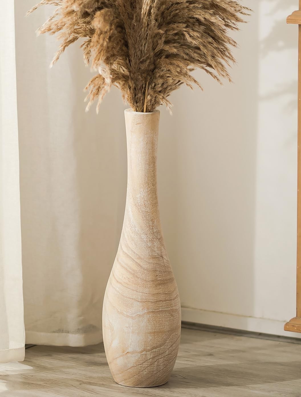 Hanobe Tall Floor Vase 22″-Slender Beige Boho Vase for Pampas Grass-Decor