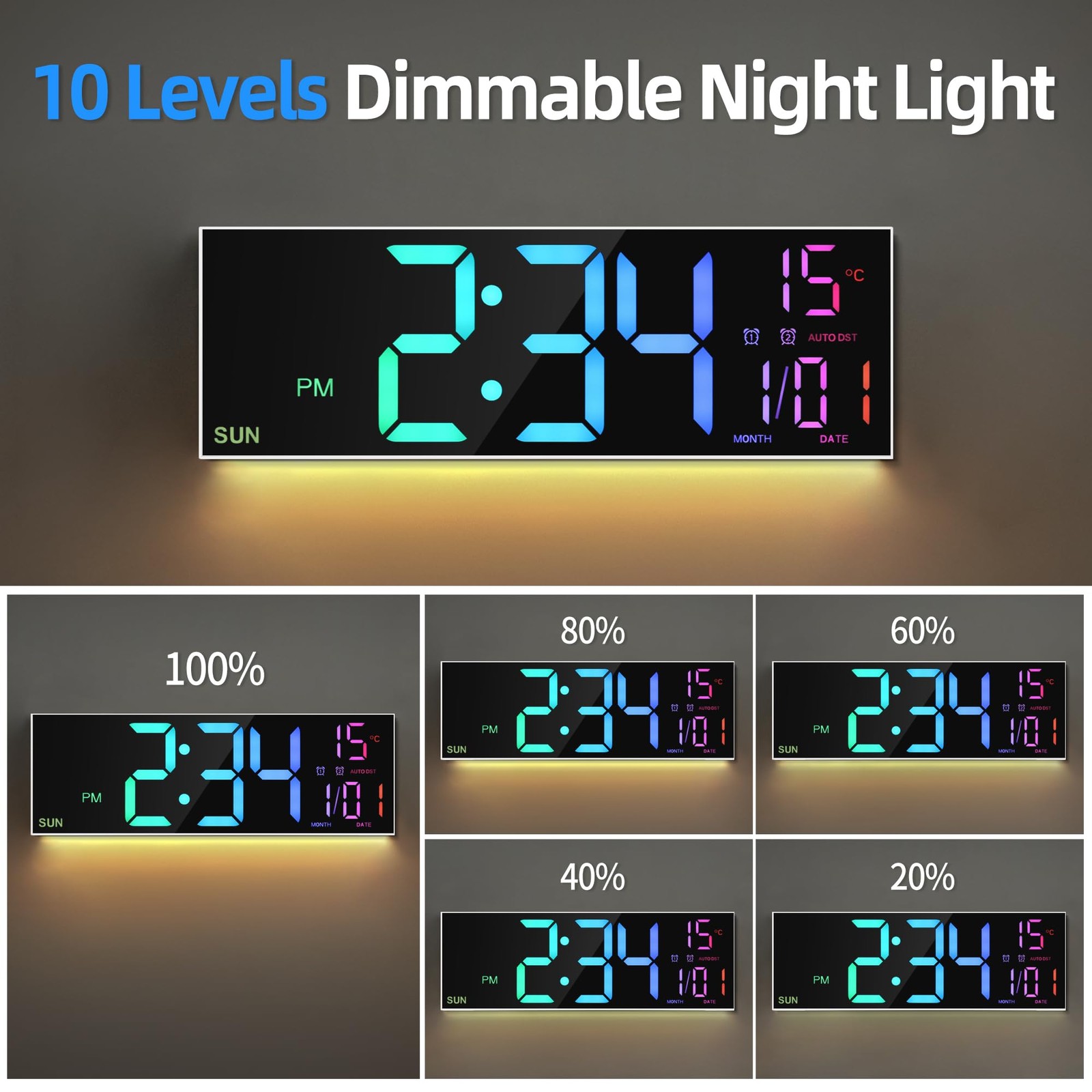 16.2” Large Digital Wall Clock with Remote Control, Big LED/Dual Alarm/8 RGB…
