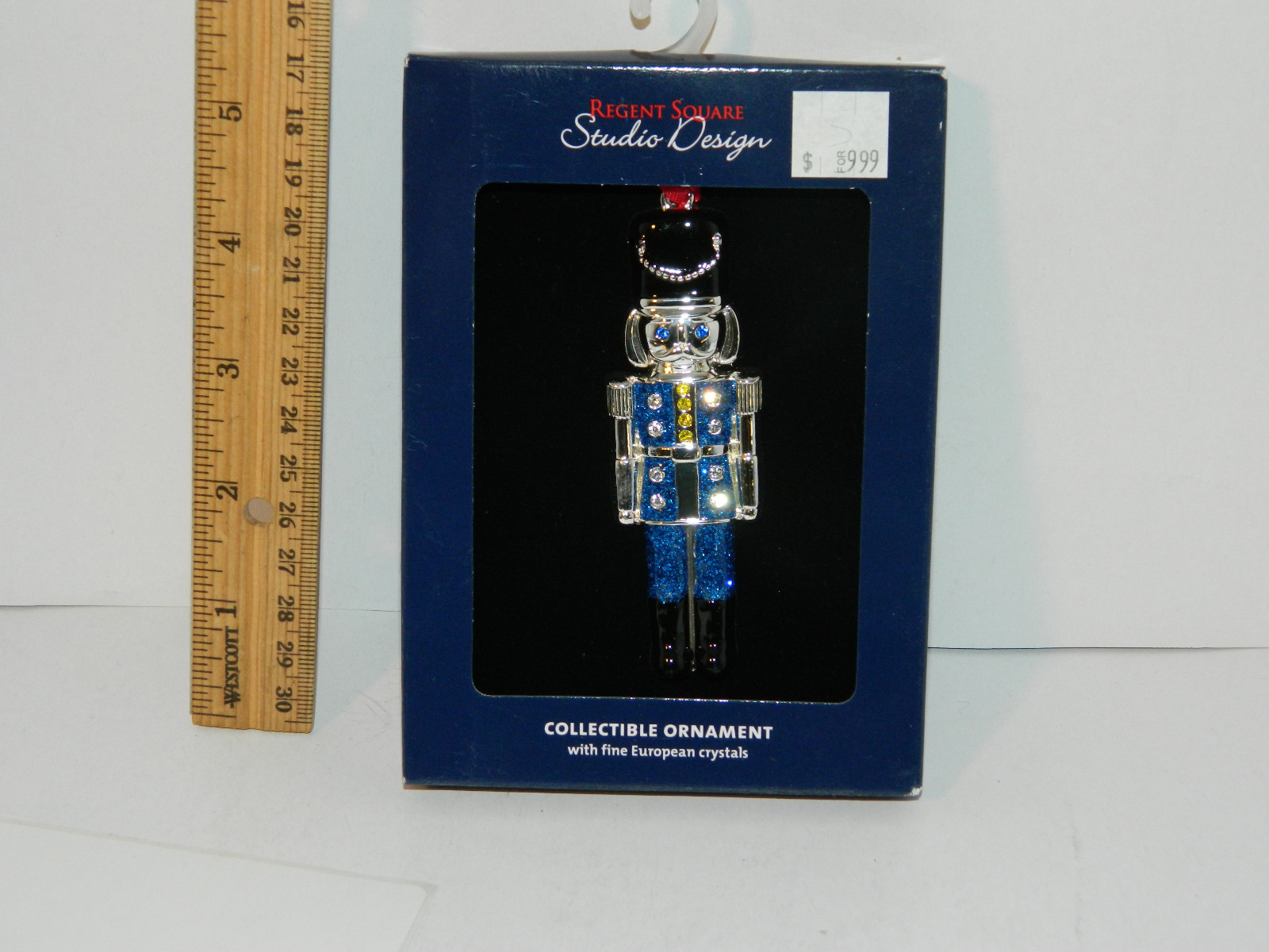 Shiny Silver Plated Blue Nutcracker christmas tree Ornament w Crystals holiday