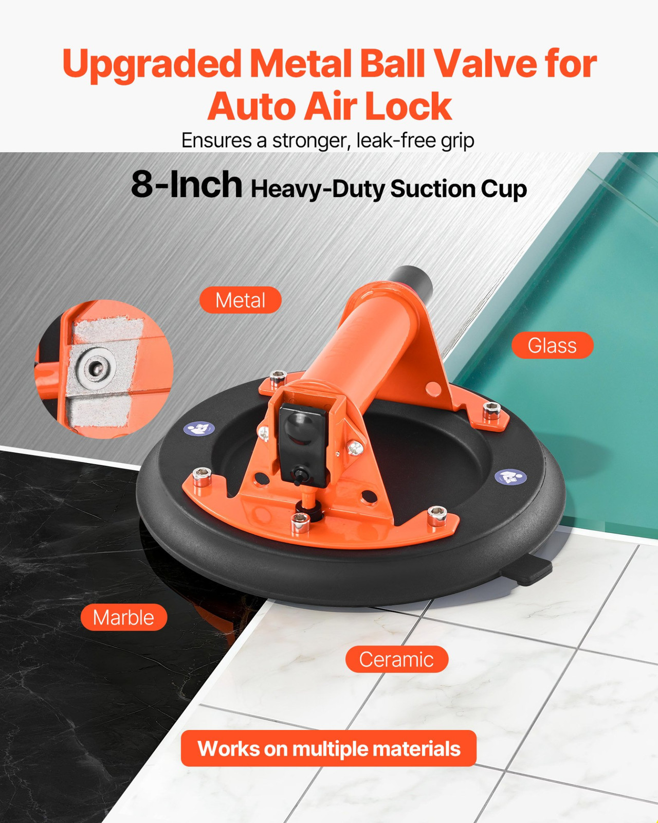 VEVOR Vacuum Suction Cup, 8-Inch Vacuum Glass Lifter with Metal Handle, 429 lbs