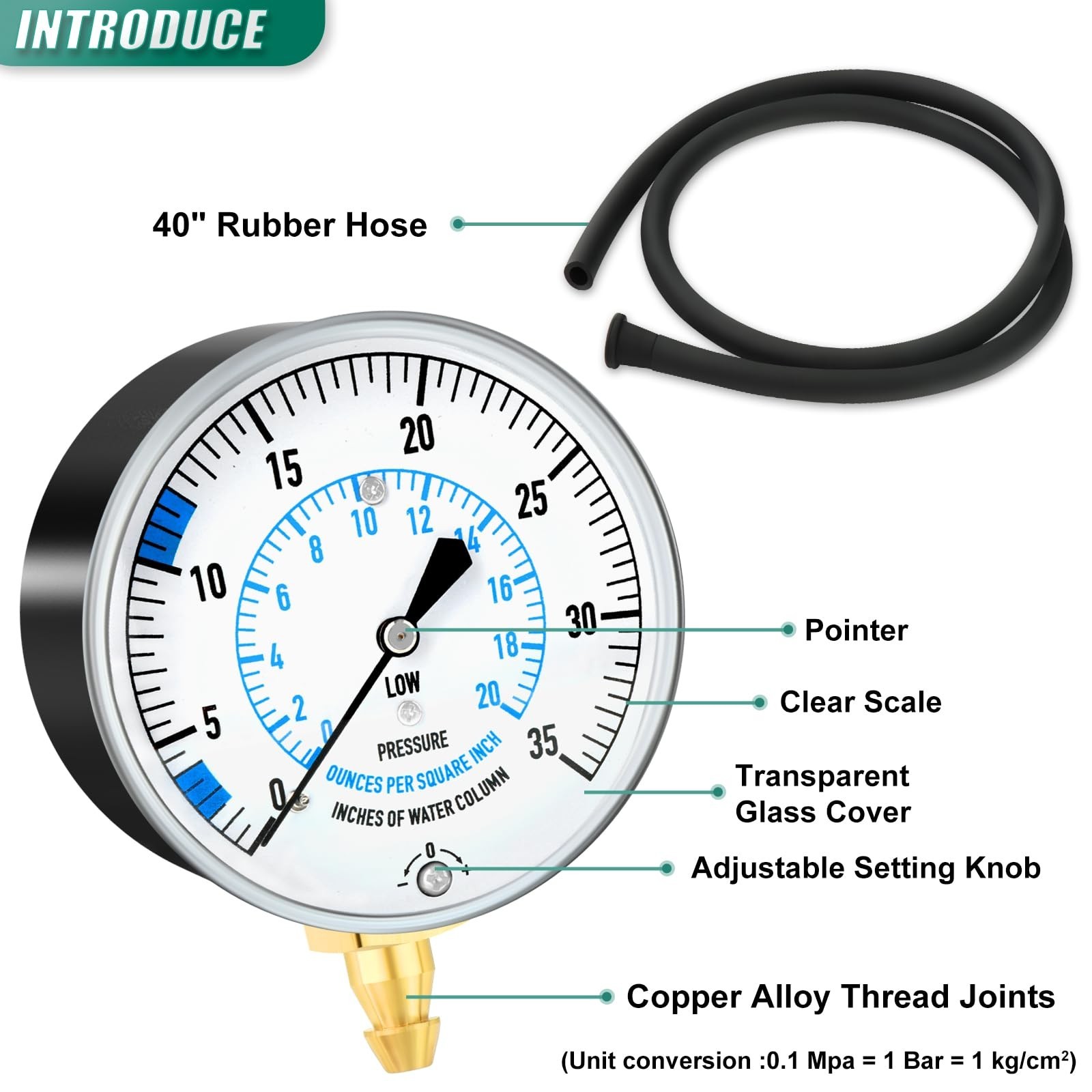 0-35″ Natural Gas or LP Gas Manifold Pressure Test Kit, 1/8″ NPT Fitting, 40″…