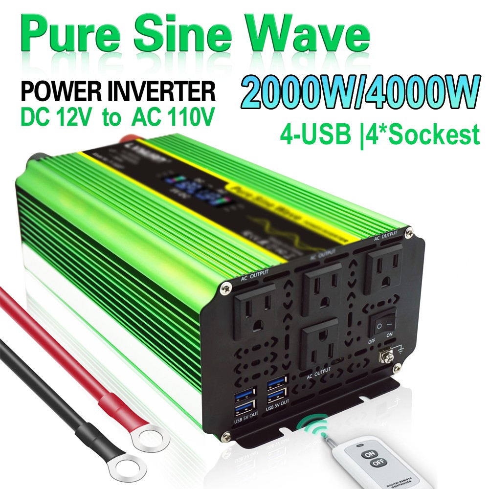 2000W 4000W 12V Pure sine Wave Power Inverter 110V 4AC 4USB LCD Car Converter