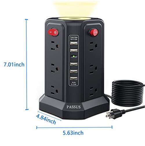 Surge Protector Power Strip Tower with 5 USB Ports and Night Assorted Styles