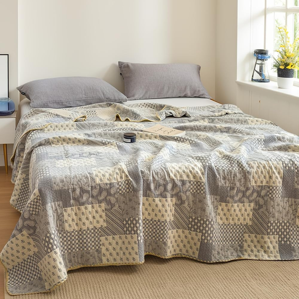 Reversible Cotton Muslin Blanket – Lightweight Grey Patchwork 80×90 In