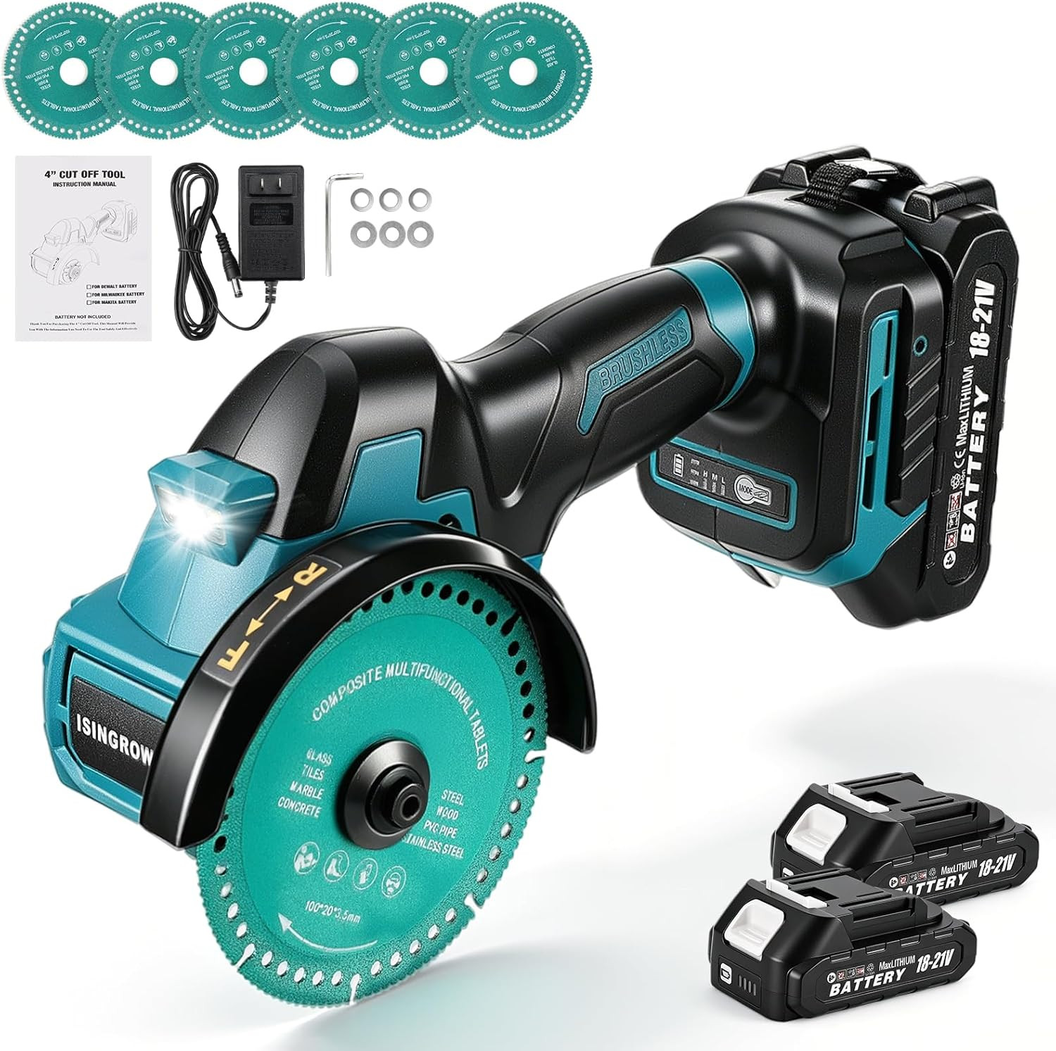 Cordless Cut off Tool with 2 Batteries, 4-Inch 21V Brushless Mini Saw Kit, 3-Spe