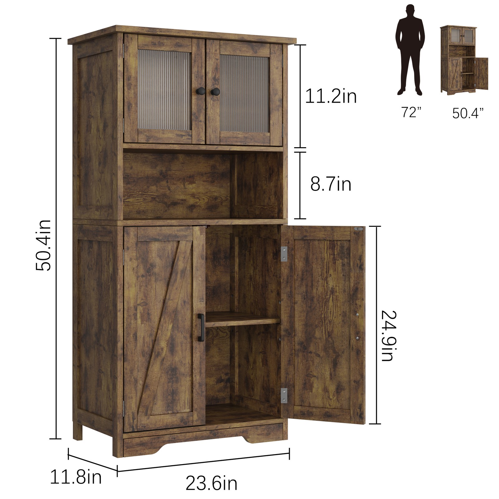 Storage Cabinet with Glass Doors & Adjustable Shelves, Kitchen Pantry Cabinet