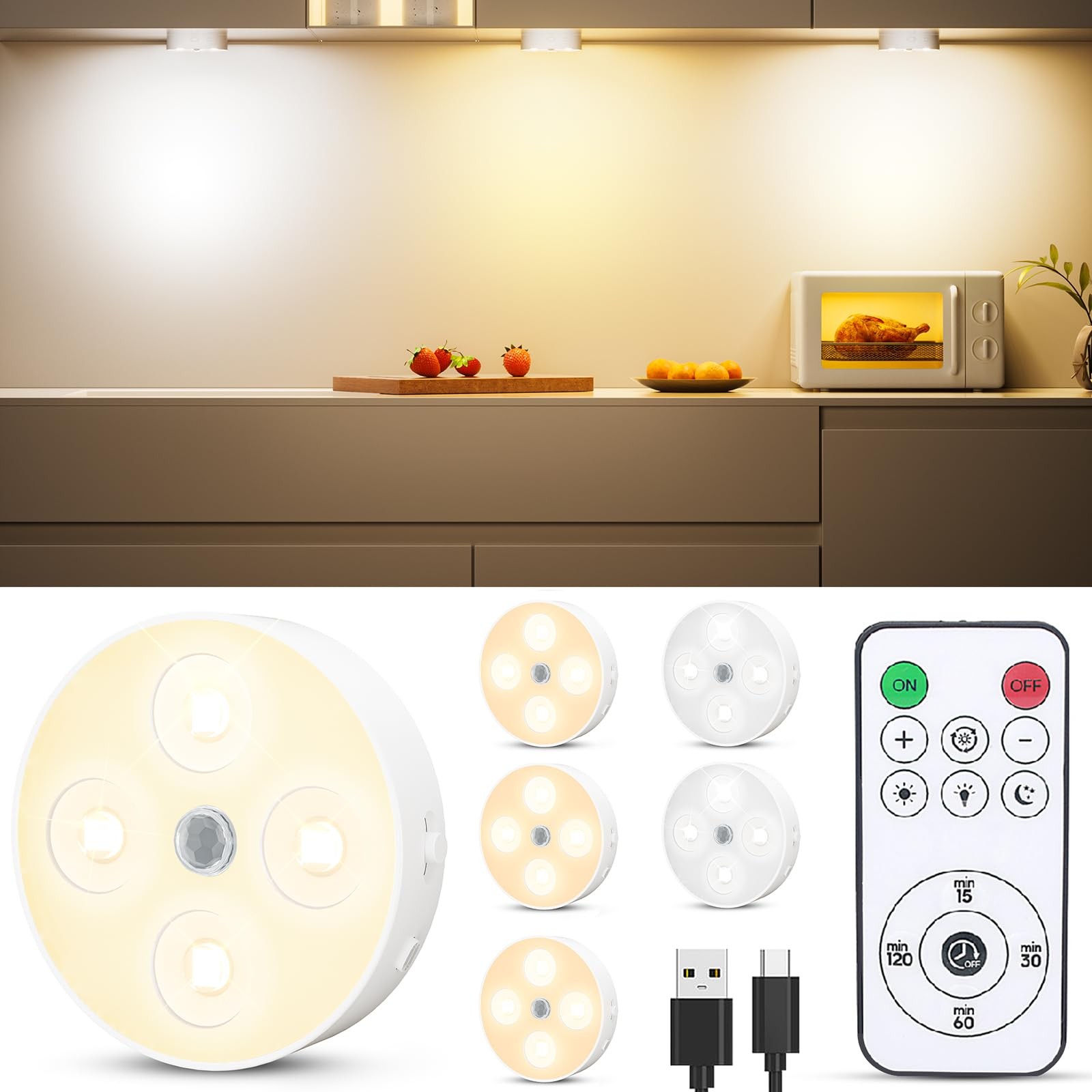 Under Cabinet Lighting, 1500mAh Rechargeable Motion Sensor Puck Lights with R…