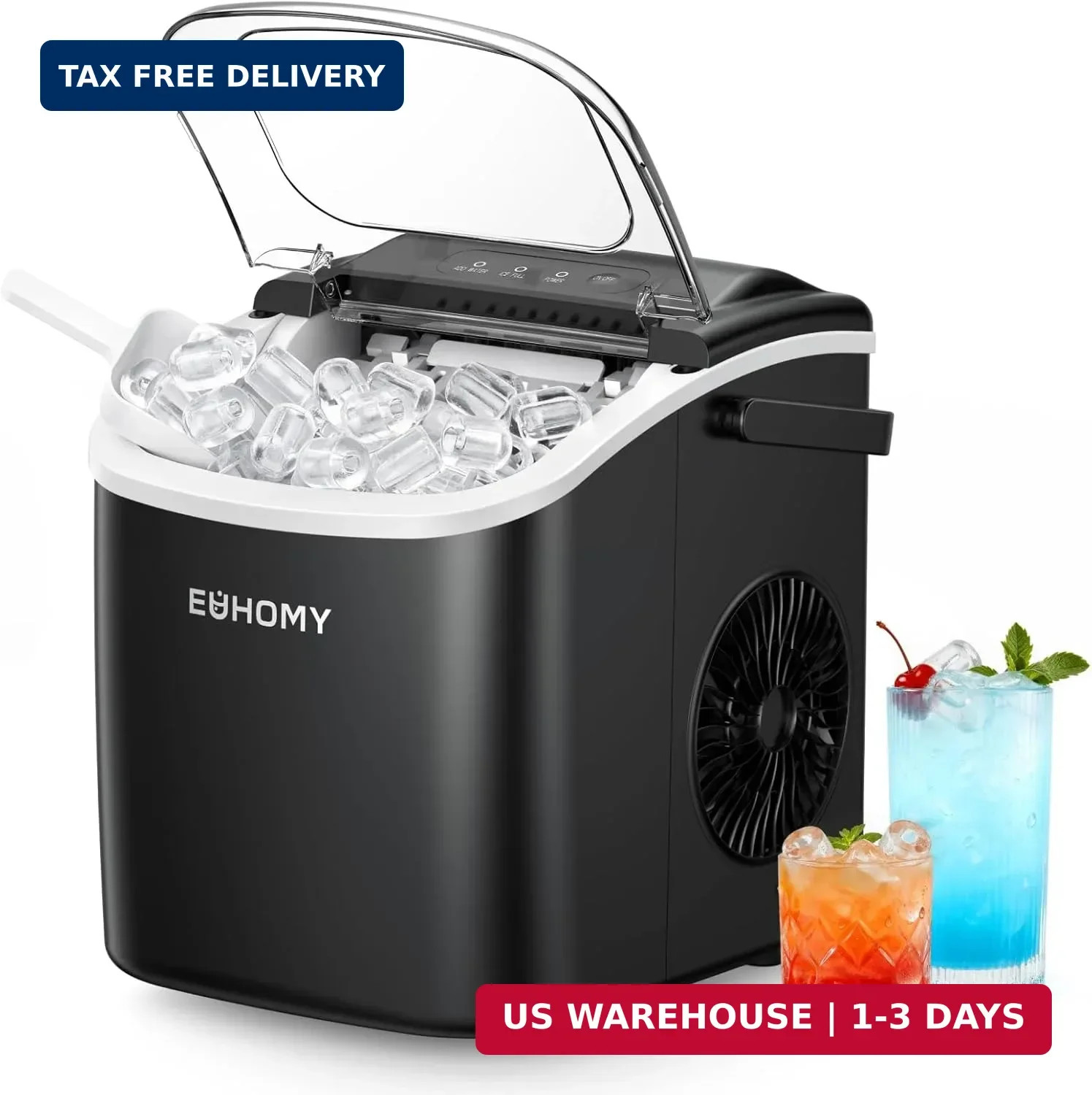 EUHOMY Countertop Ice Maker Machine with Handle, 26lbs in 24Hrs, 9 Ice Cubes Rea