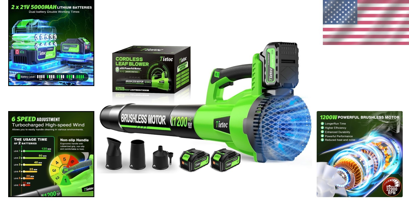 Powerful 1200W Electric Leaf Blower – 2 Batteries, 200 MPH, Compact Design