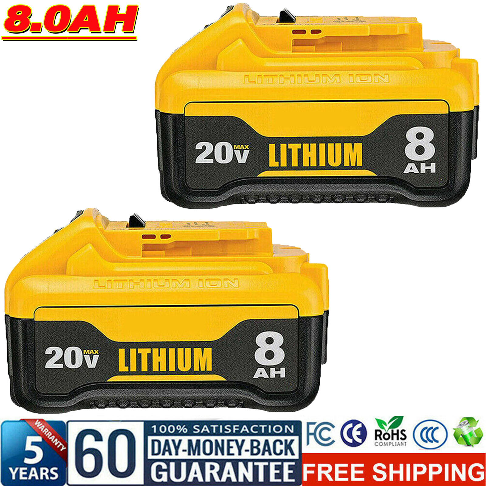 2x 8.0Ah Li-ion Battery For DeWalt 20V Max DCB200 DCB206-2 DCB205-2 20Volt Tool