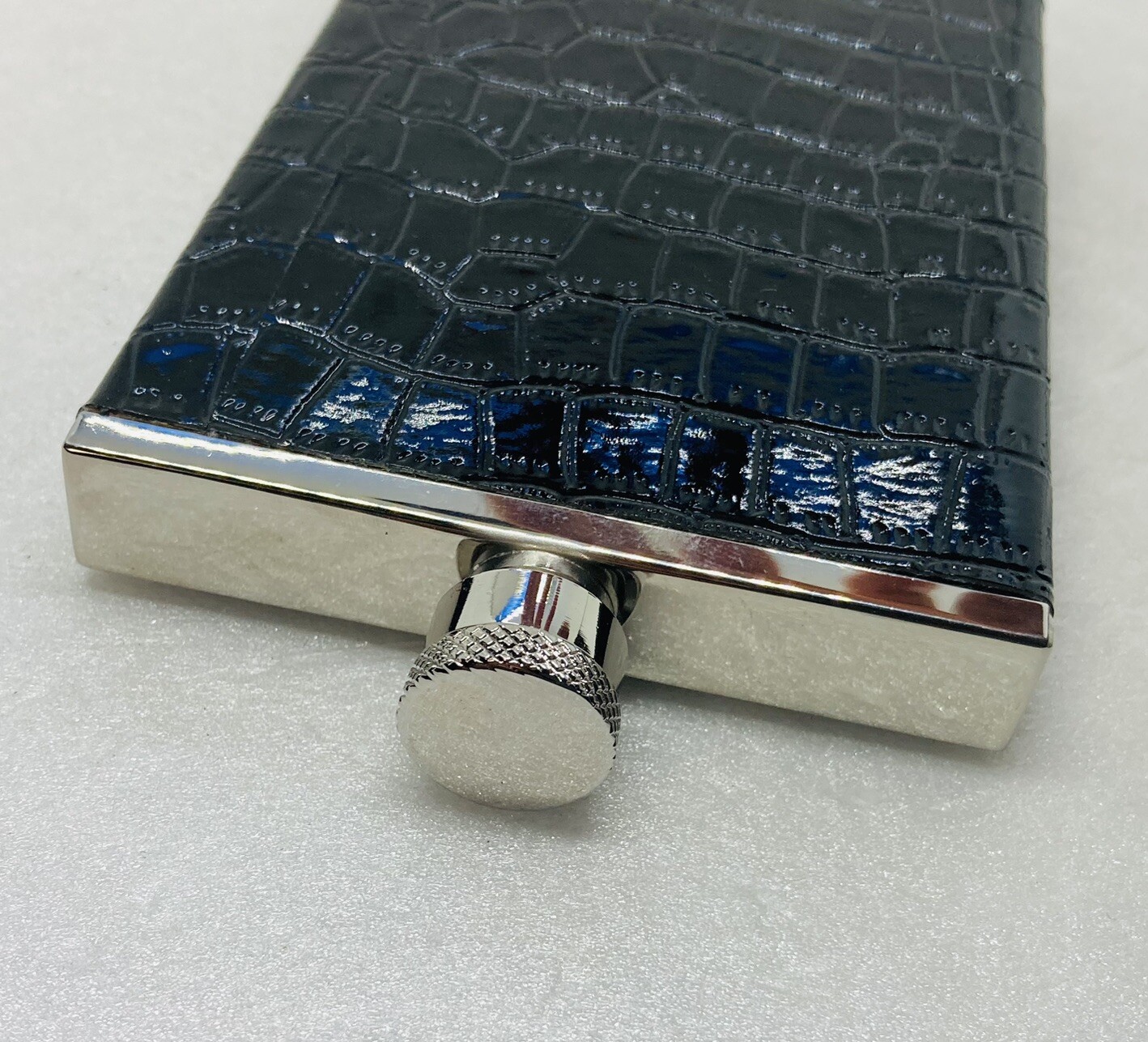Vintage Flat Pocket Flask Black Faux Leather Stainless Steel Rectangular 36