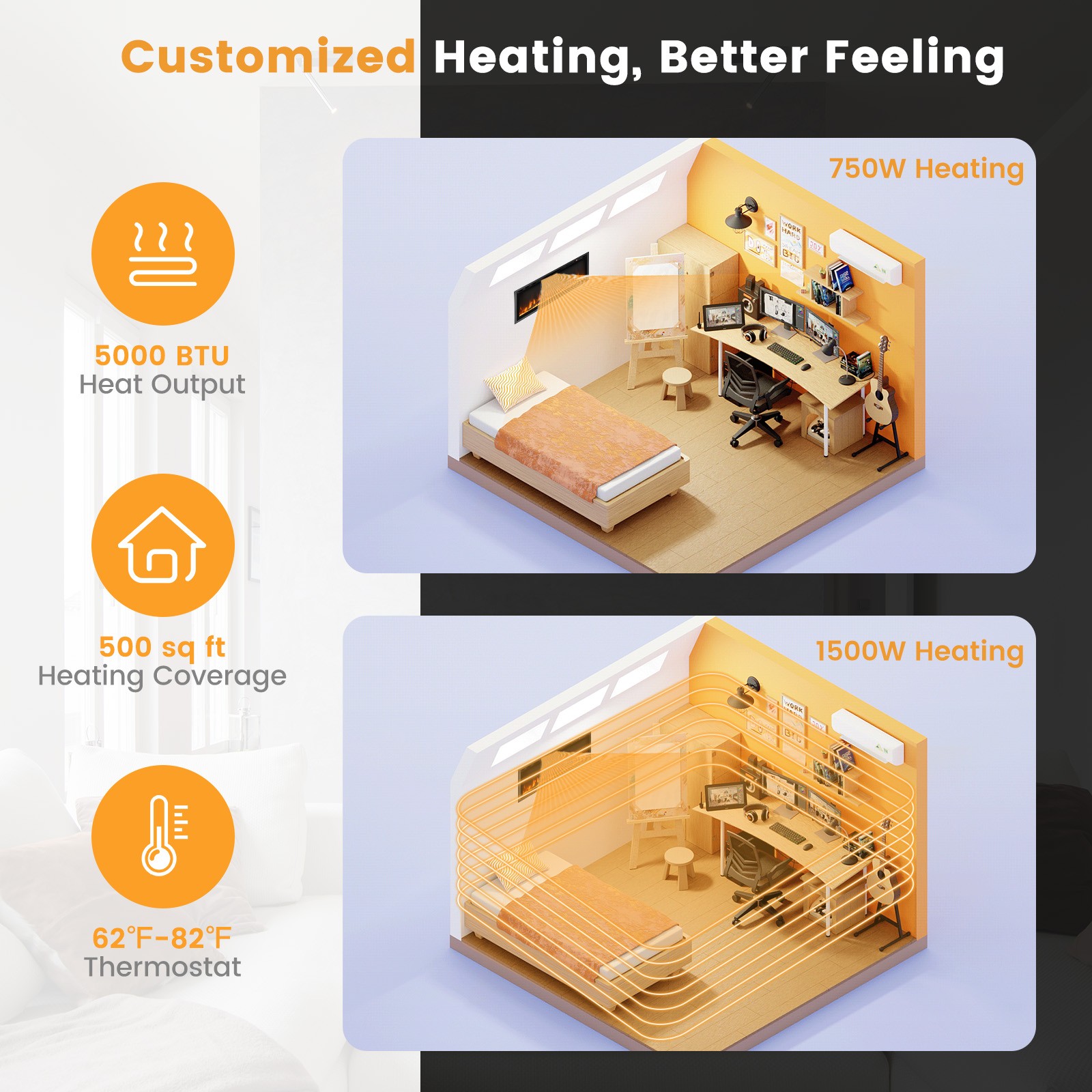 50 Inch Linear Electric Fireplace Heater Wall-Mounted Recessed Freestanding