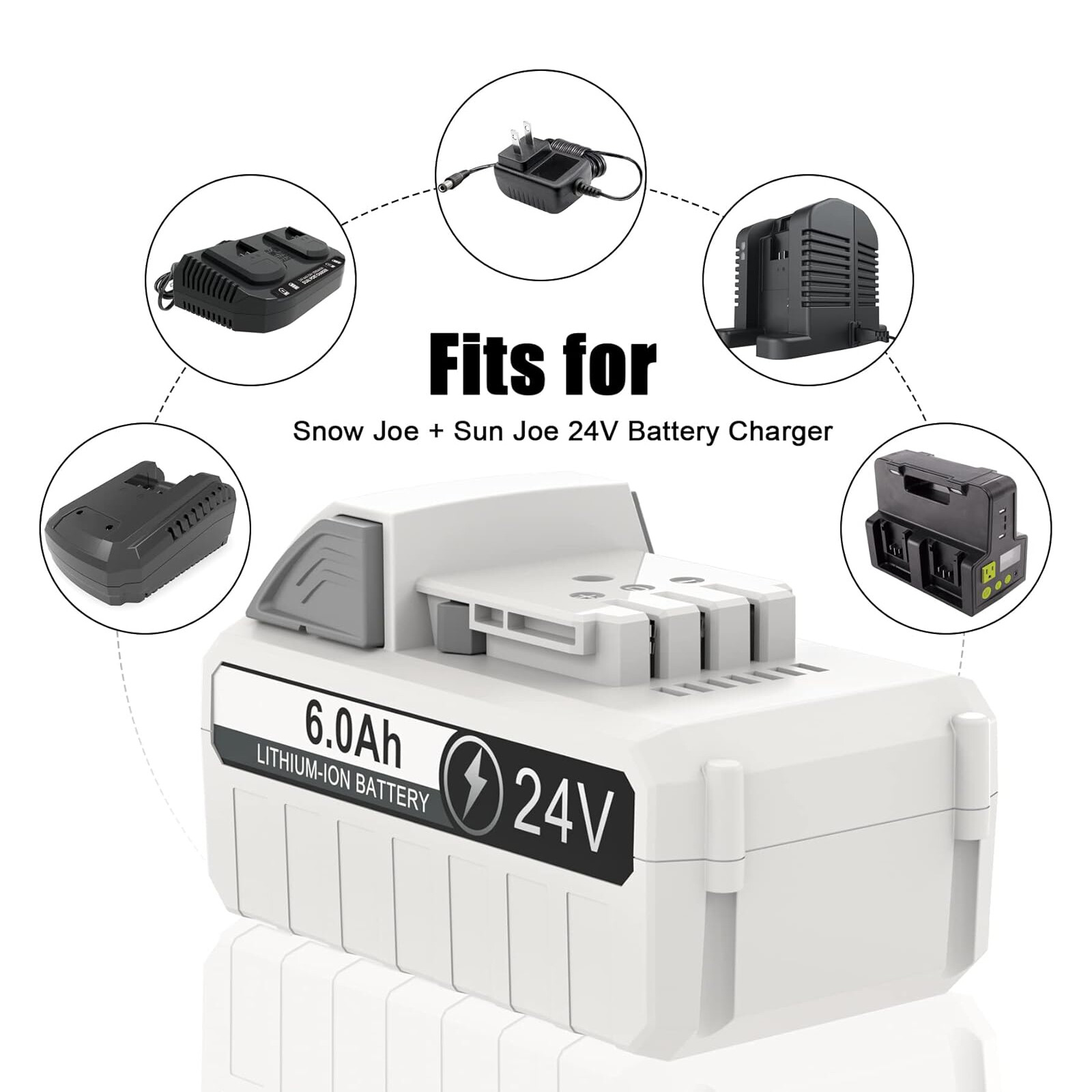 6.0Ah 24V Battery Compatible with Sun Joe+Snow Joe 24VBAT-LTE/LTW with Charger
