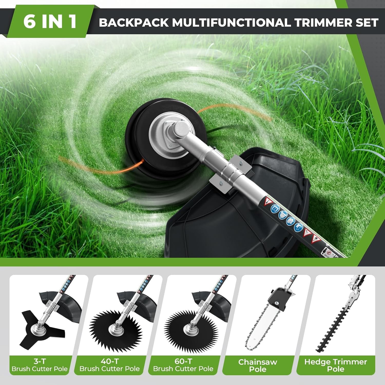 52CC Backpack 6-in-1 Multi-Functional Weed Wacker Gas Powered Hedge Trimmer