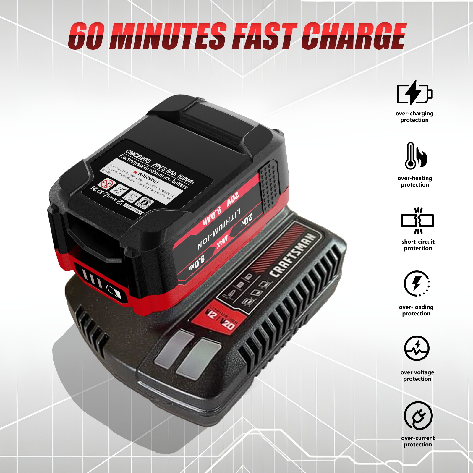8.0Ah Li-ion Battery / Adapter For Craftsman 20V MAX CMCB204 CMCB202 CMCB201
