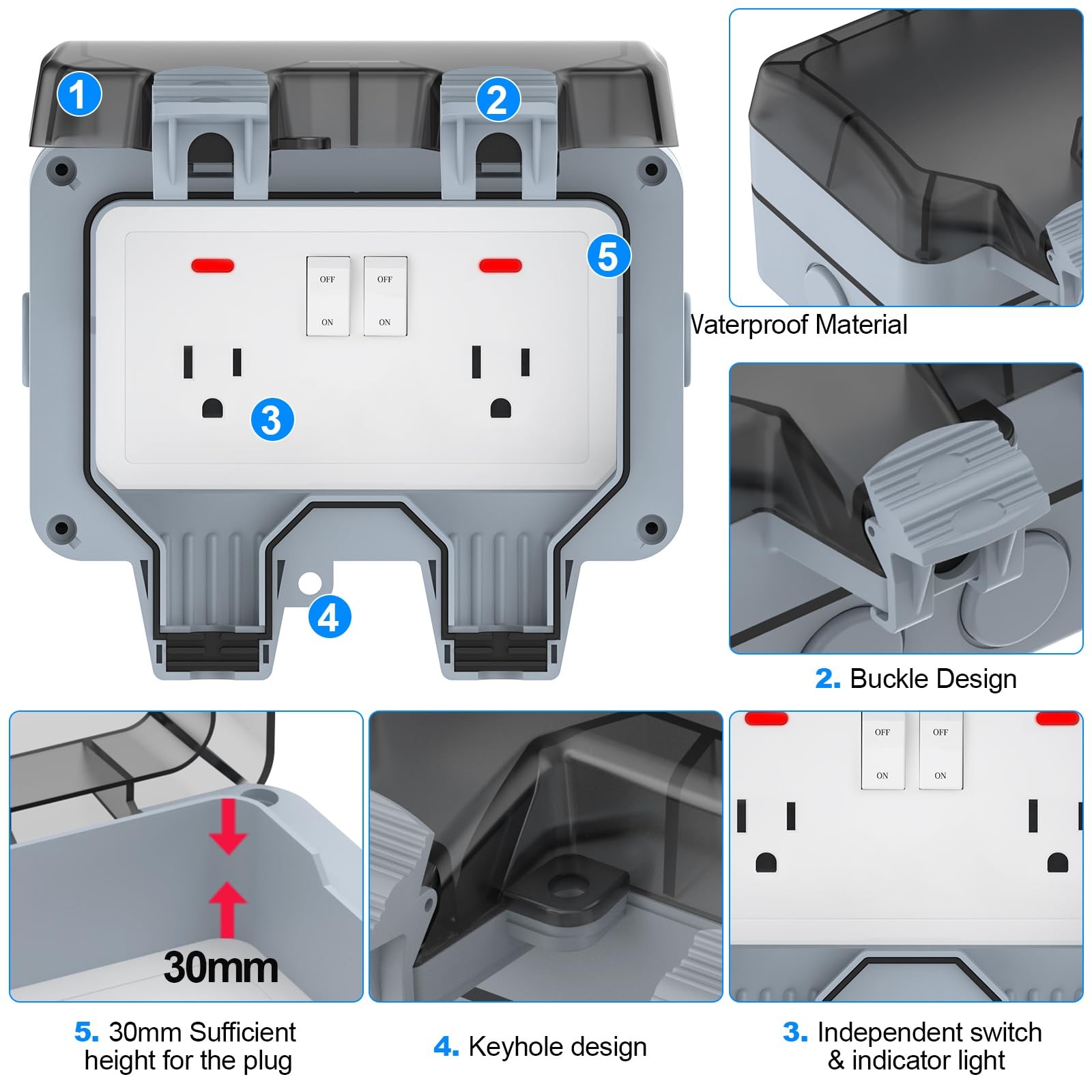 Double Outdoor Outlet with Box Waterproof IP66 Outdoor Electrical Receptacle, Ou