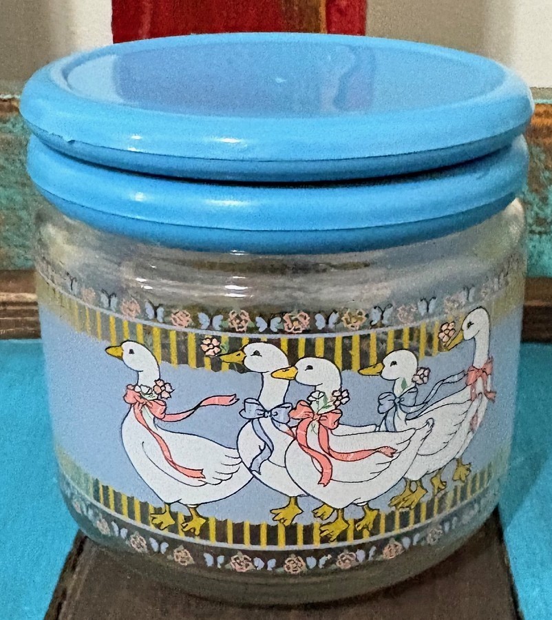 Vintage Farmhouse Country Geese Glass Jar Canister w/Cap KIG Malaysia 3 3/4″