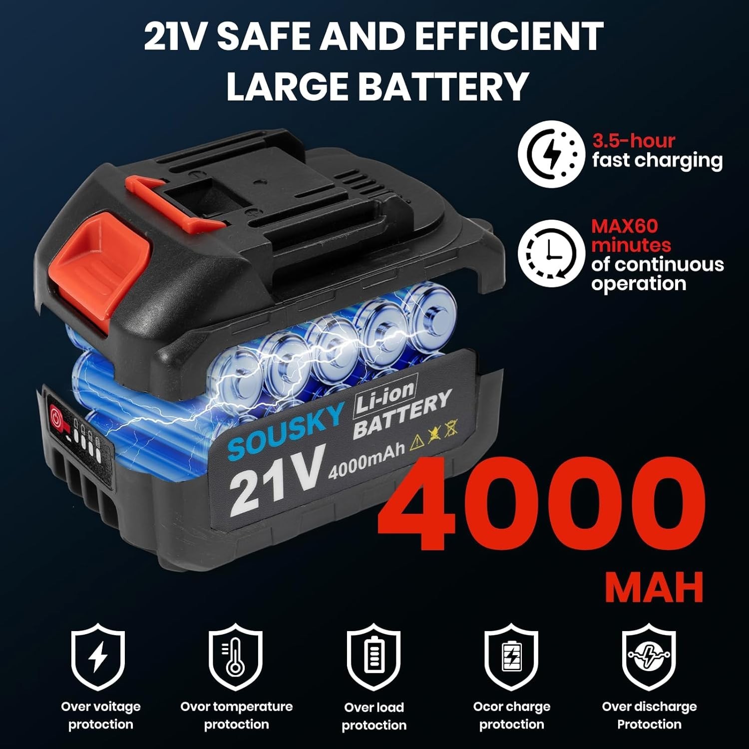 Mini Chainsaw Battery, 21V 4000mAh Lithium Battery with Electric Quantity Dis…