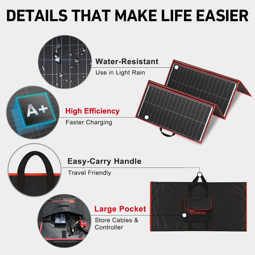 Panel 300W 12V Portable Foldable 19.3×37.4in Donocrystalline DOKIO Solar Compact