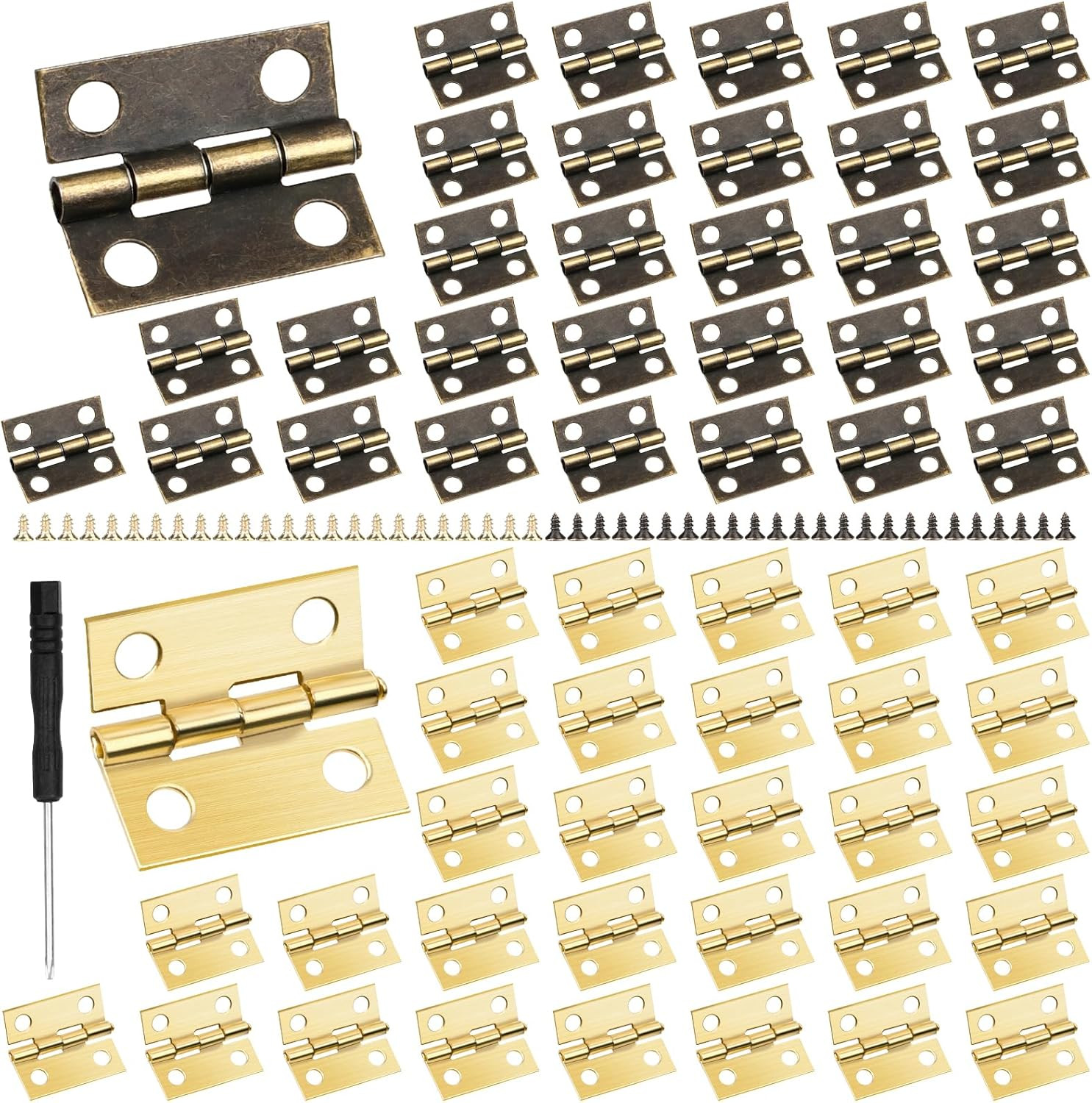 60 Pcs Mini Antique Brass Hinges with Screws & Screwdriver for DIY Jewelry Boxes