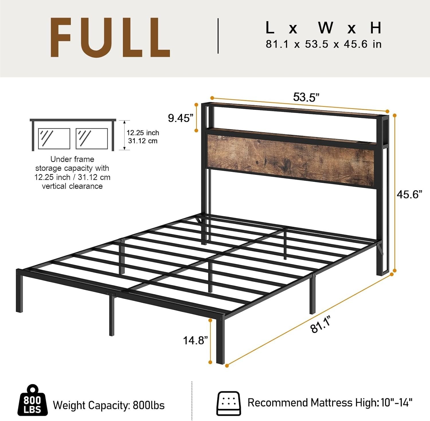 Queen Full Size Bed Frame with Storage Headboard &Charging Station＆ LED Lights