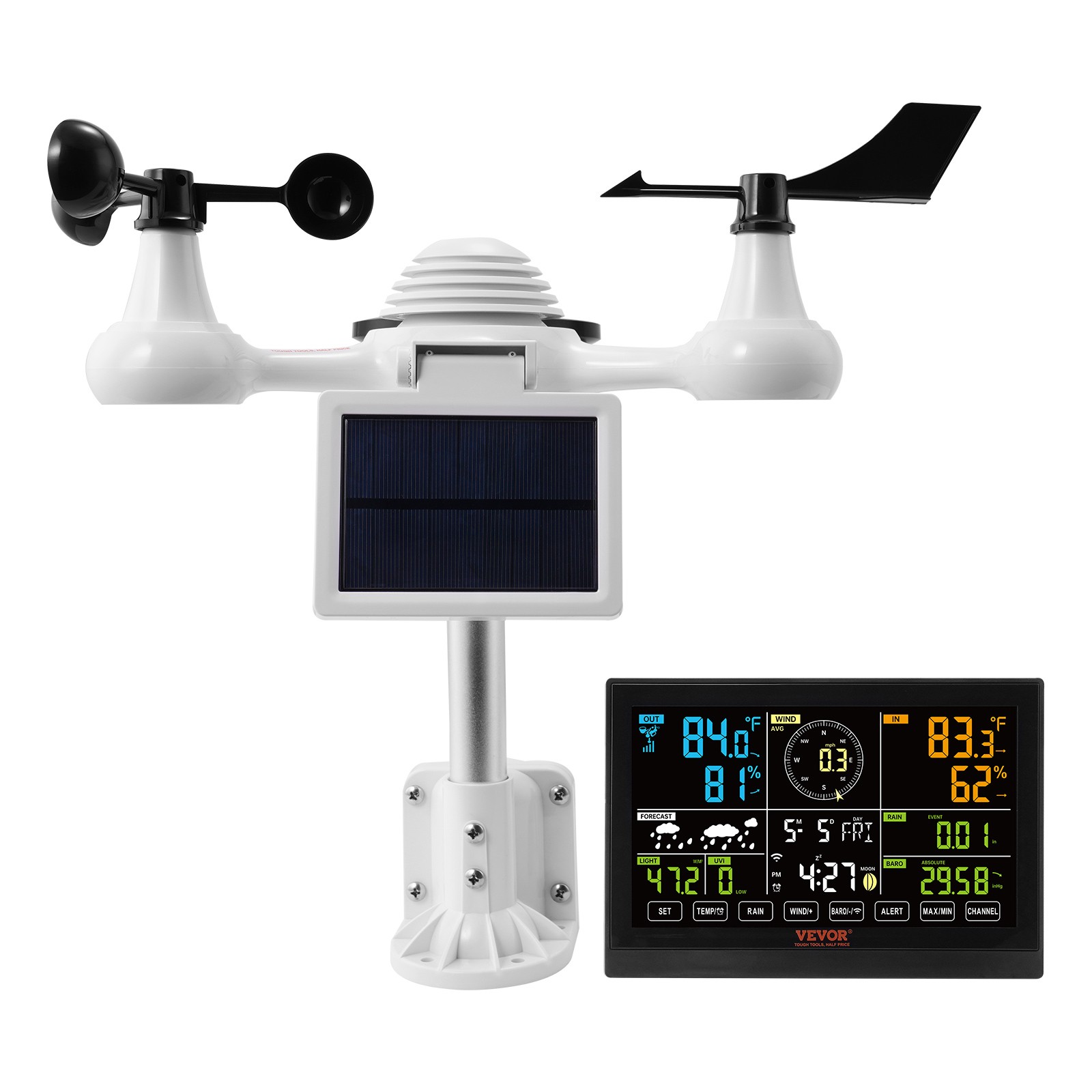 VEVOR 7-in-1 Wi-Fi Weather Station 7.5 in Color Display Wireless Outdoor Sensor
