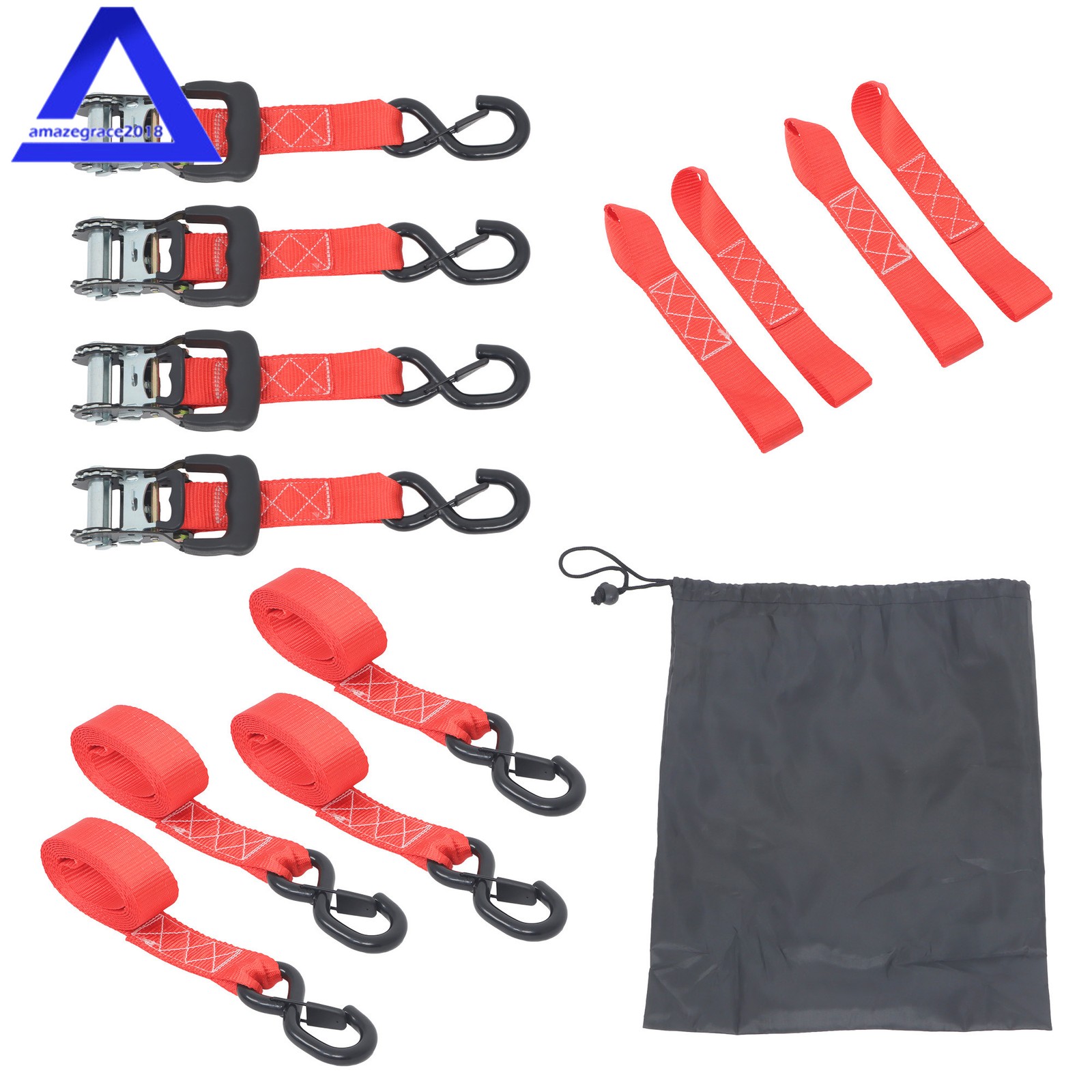 4 Pack 1.6″ × 8 Feet Heavy Duty Tie Downs 5208Lbs Ratchet Straps W/ S Hook Red