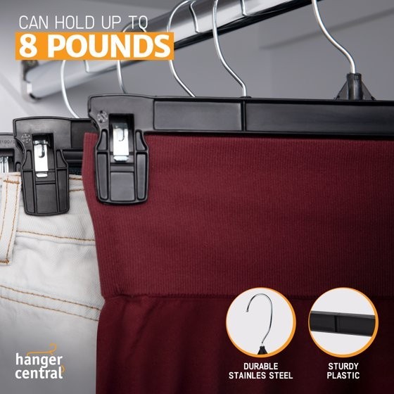 Hanger Central 25 Pack Black Plastic Pants Hangers with Extra Long Clips 12 inch