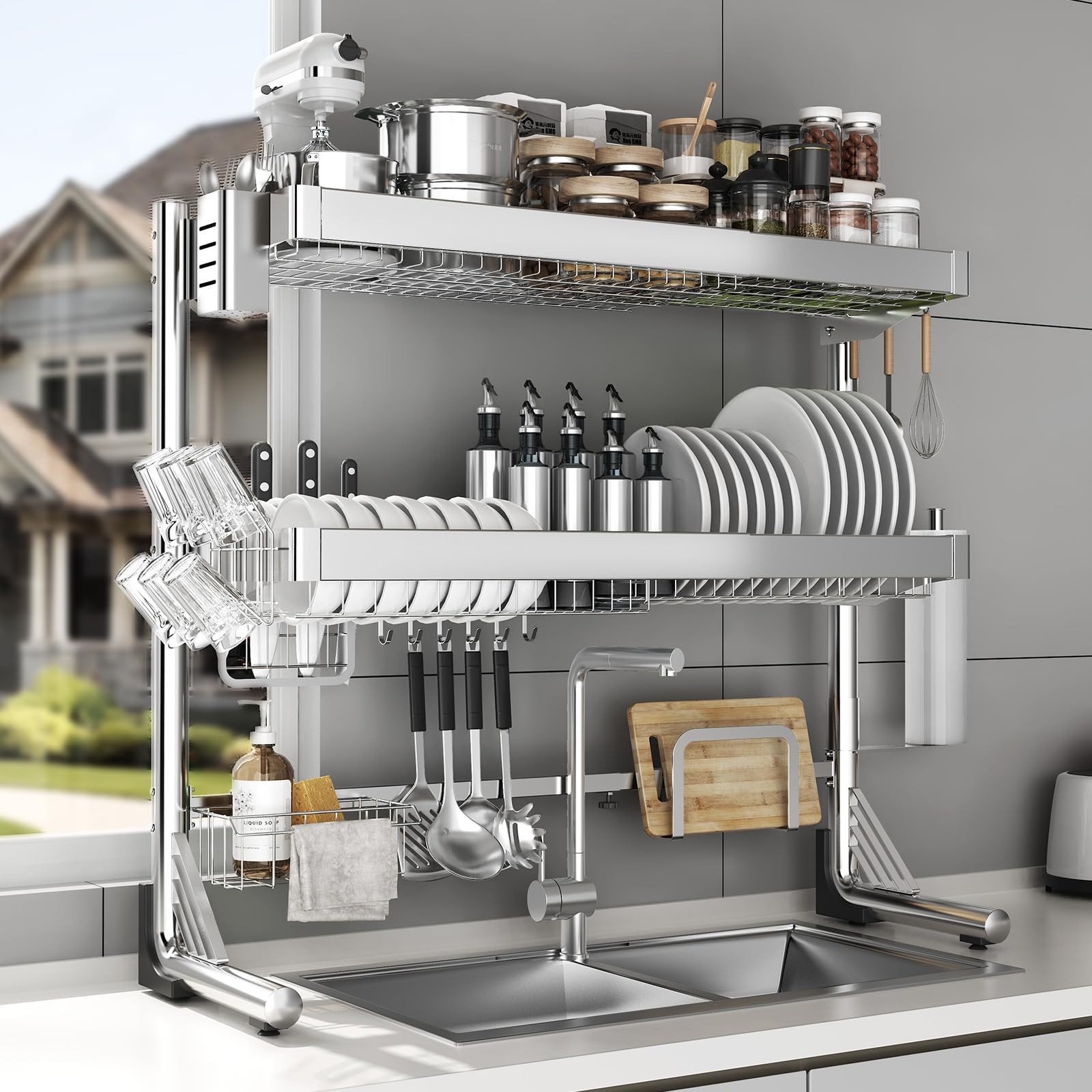 Over The Sink Dish Drainer Drying Rack 3 Tier, Full Stainless Steel Dish Dryi…