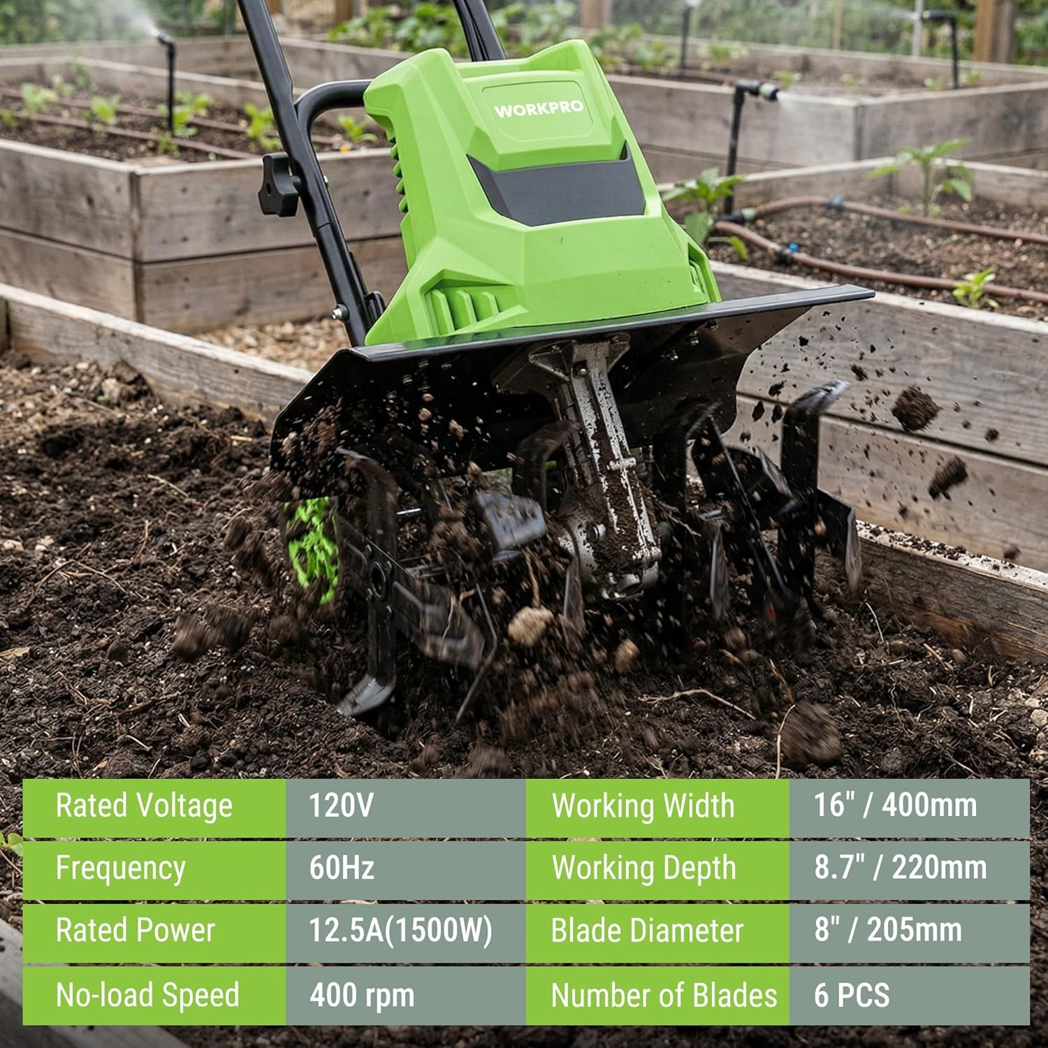 WORKPRO 1500W Electric Tiller 12.5A Corded Cultivator w/6 Steel Tines 16″Wx8.7″D