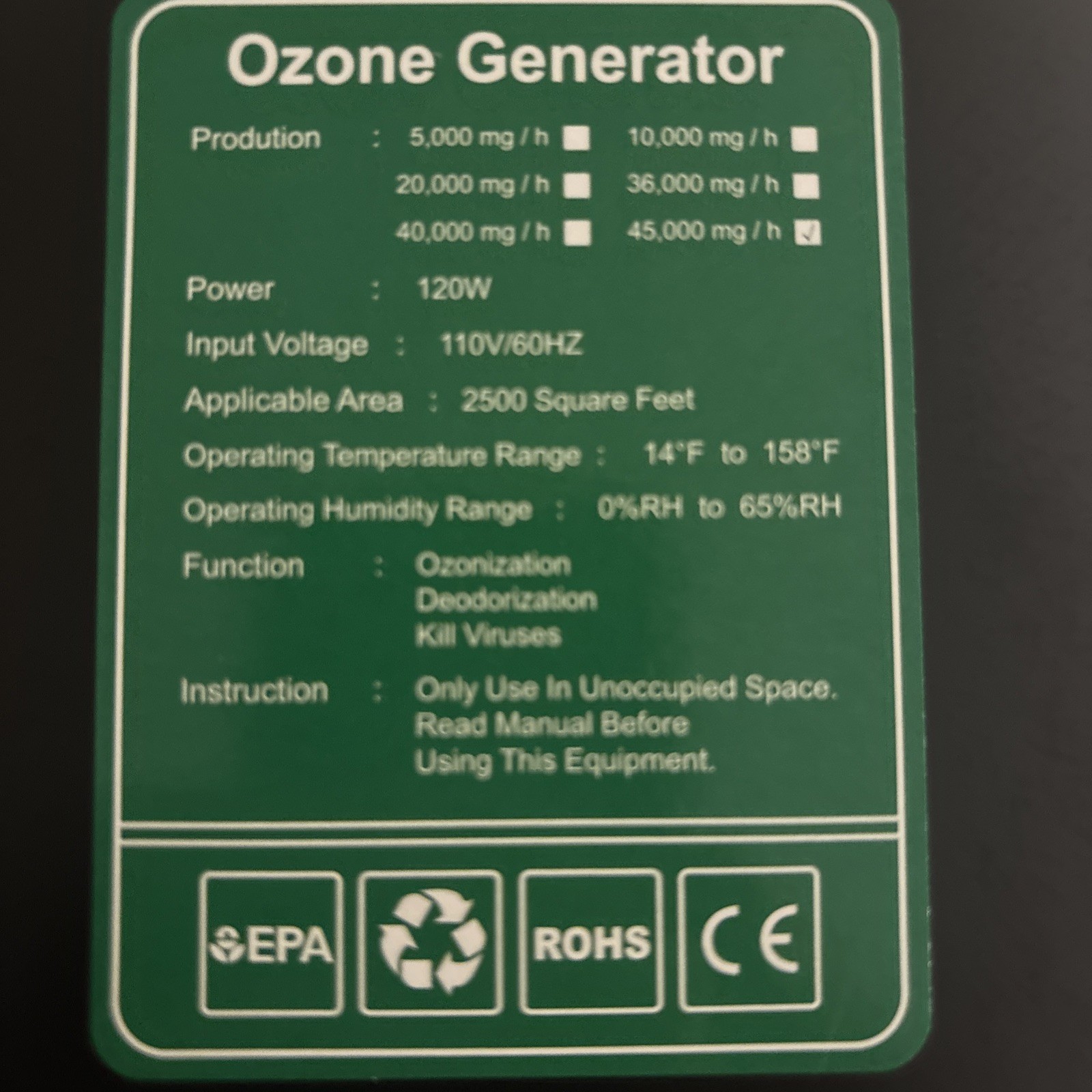 Ozone Generator Machine 120min Timer | 45,000mg/h Deodorizer Air Purifier