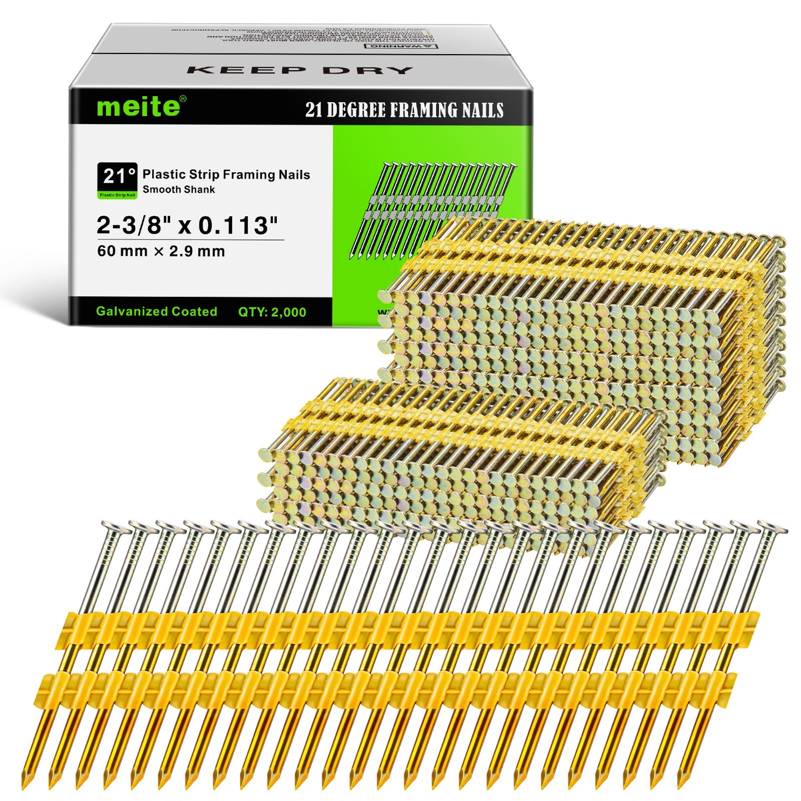 2,000 pcs 21 Degree Framing Nails 2-3/8″ to 3-1/2″Length Galvanized Smooth Shank