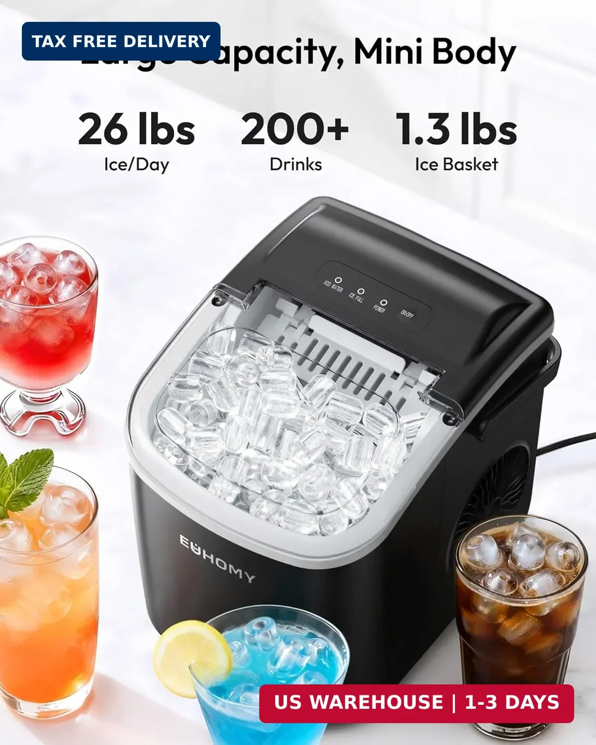 EUHOMY Countertop Ice Maker Machine with Handle, 26lbs in 24Hrs, 9 Ice Cubes Rea