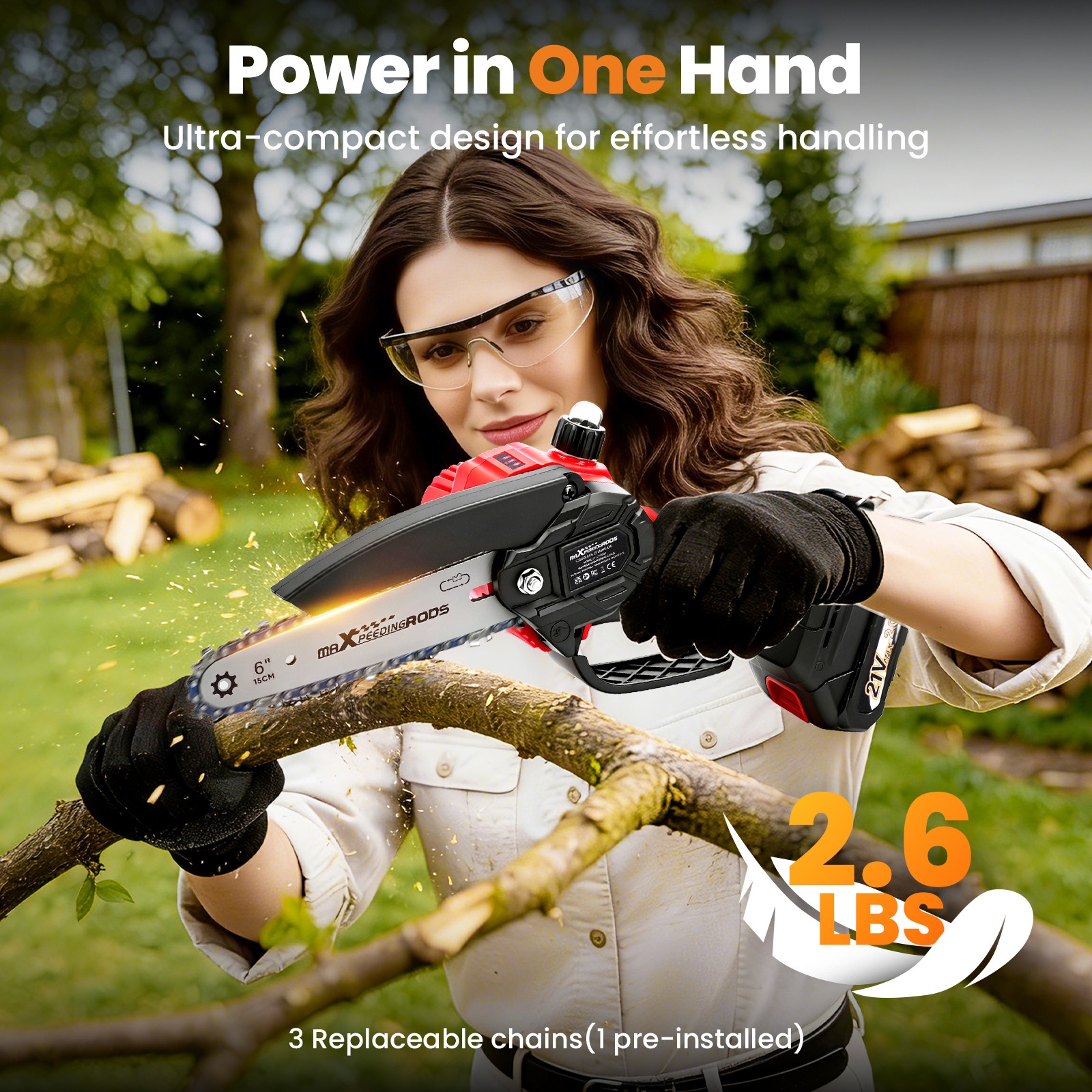 21V Cordless for Mini Chainsaw with 2 Batteries 3 Chains Portable Garden Pruning