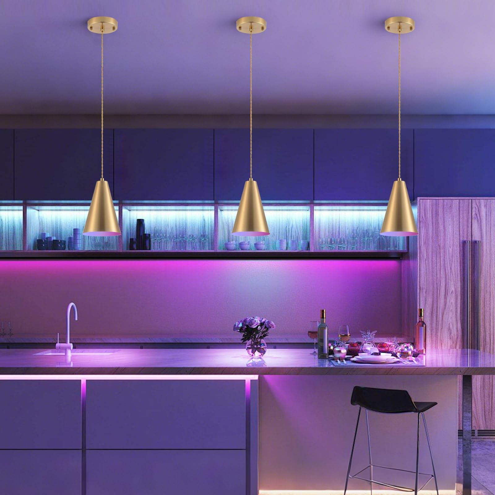 Dijiahua Gold Battery Operated Pendant Lights Kitchen 3 Pack, -RGB color