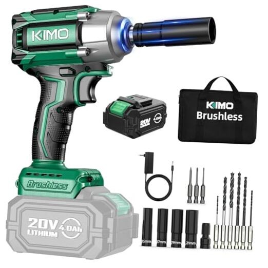 KIMO Impact Wrench 1/2 Cordless, 1200N.m (900ft-lbs), 4000RPM, 9 Dark Green