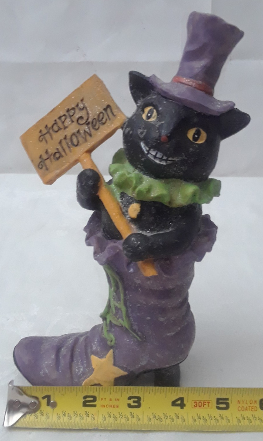 Vintage Happy Halloween Sign Black Cat in a Shoe Figurine 8.5 in