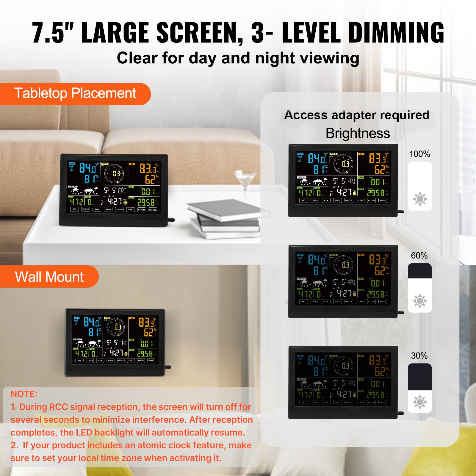VEVOR 7-in-1 Wireless Weather Station 7.5 in Large Display for Indoor Outdoor