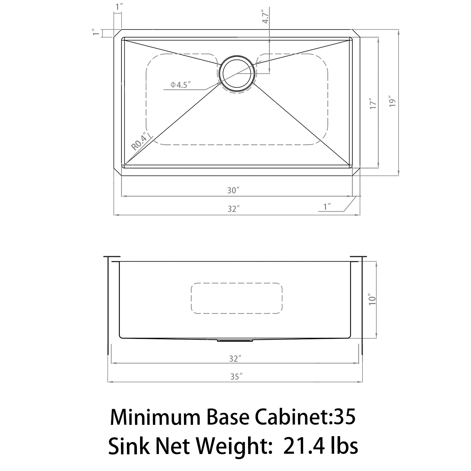 Sinber 32″ Undermount Single Bowl 304 Stainless Steel Kitchen Sink HU3219S-S-16E