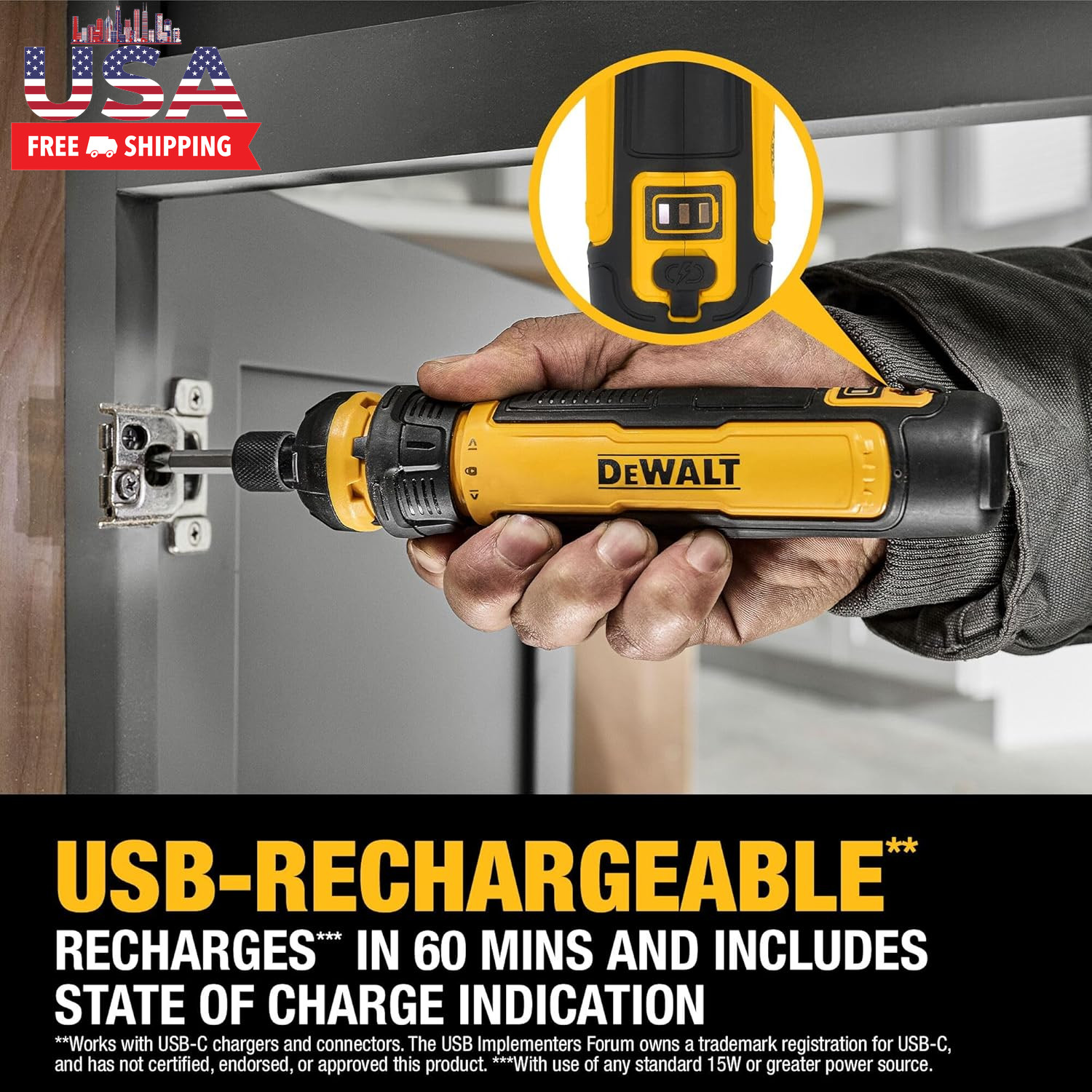 DEWALT Cordless Screwdriver, 4V USB Rechargeable Electric Screwdriver with 12 Pc