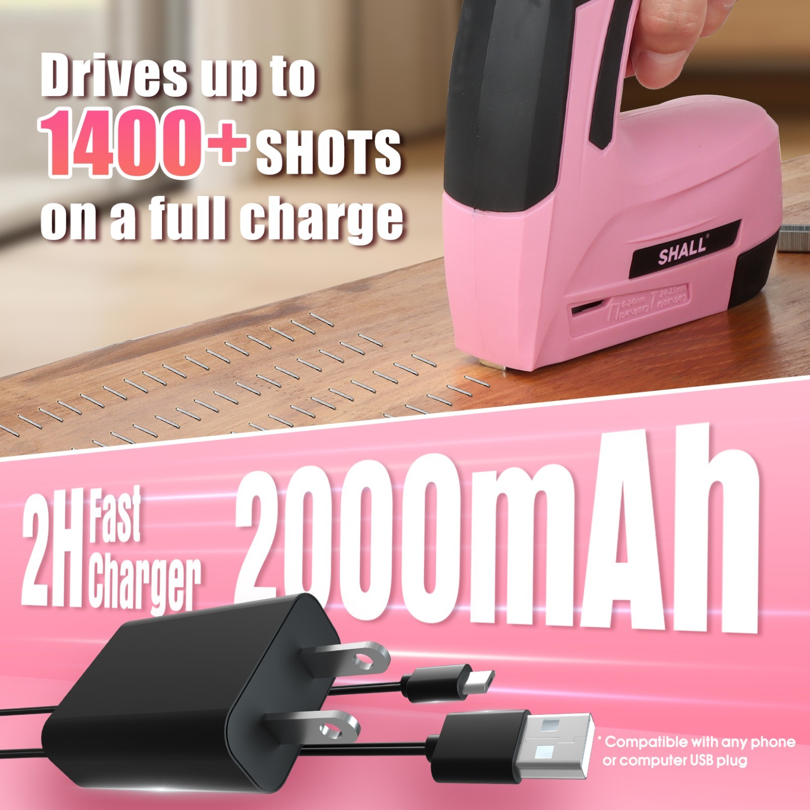 SHALL 4V Pink Electric Staple Gun, 2in1 Stapler Gun,w/ 2500 Staples Nails US