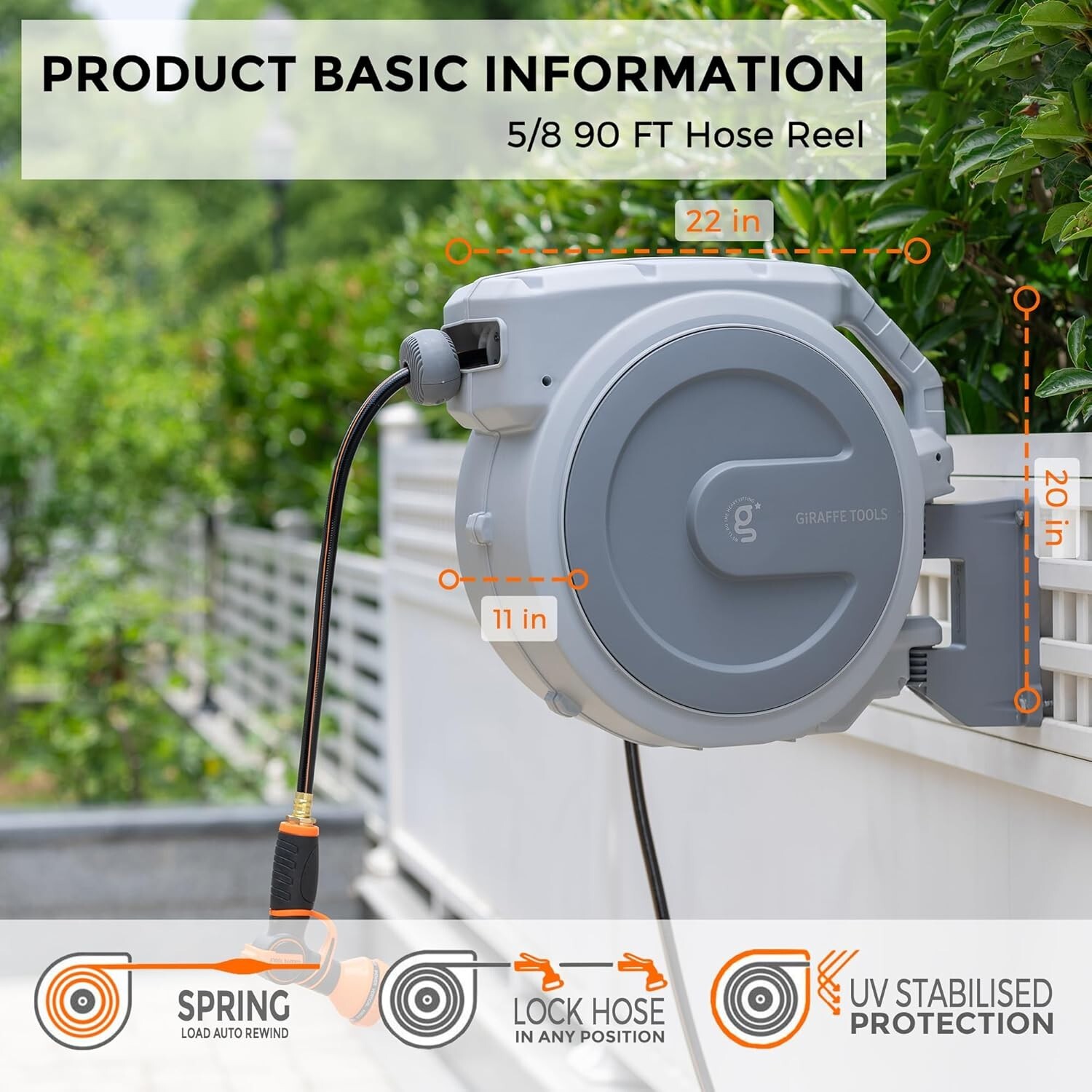 Giraffe Tools Garden Retractable Hose Reel Water Hose Reel Wall Mount, LightGrey